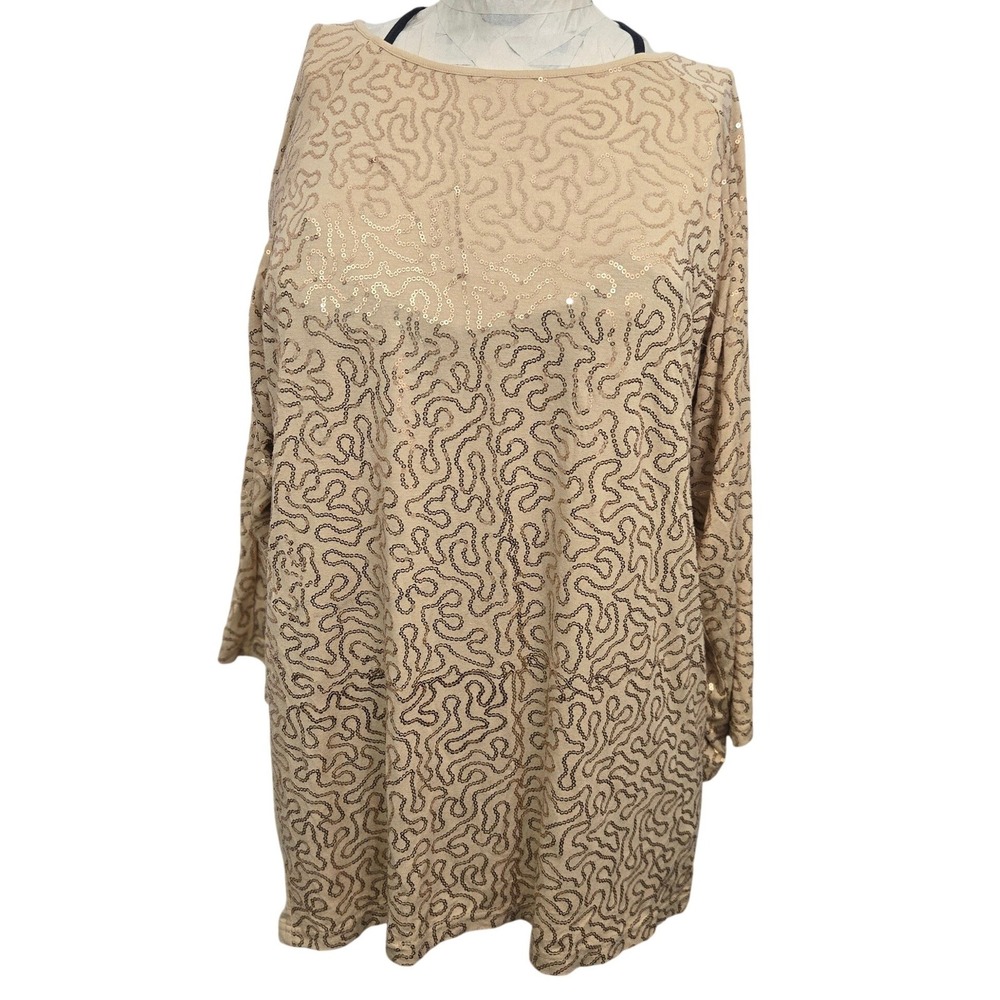 DG2 by Diane Gilman Sequin Cold Shoulder Top XS Gold Scroll Tunic Blouse Shimmer